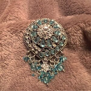 VINTAGE Aquamarine Blue and Silver Crystal Flower Pendent with Dangling Beads